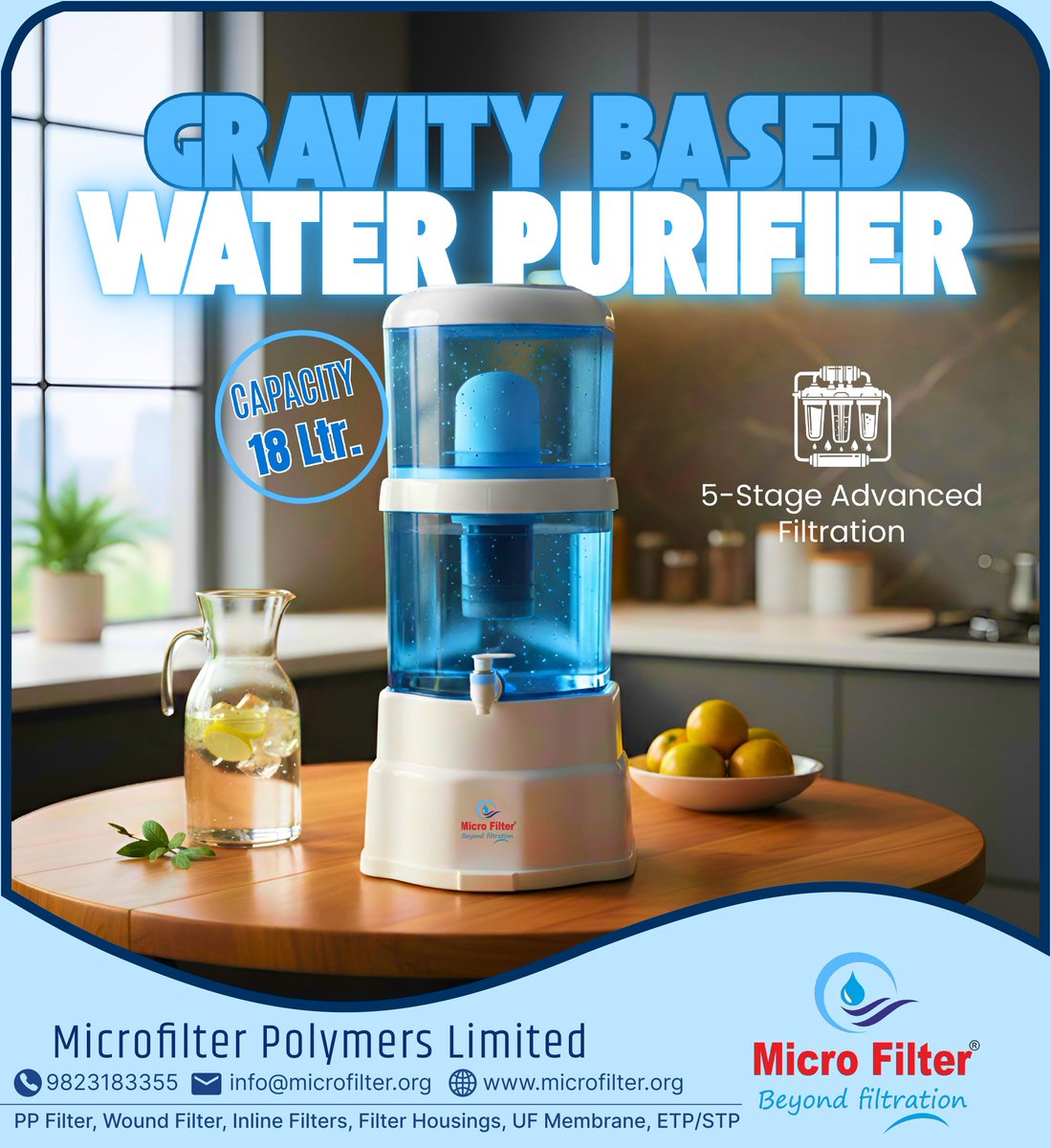 MicroFilterX's tweet image. Pure water. No electricity needed.

Microfilter’s Gravity Based Water Purifier comes with 18L capacity &amp;amp; 5-stage filtration—simple, reliable, and perfect for everyday use.

#CleanWater #Microfilter #WaterPurifier