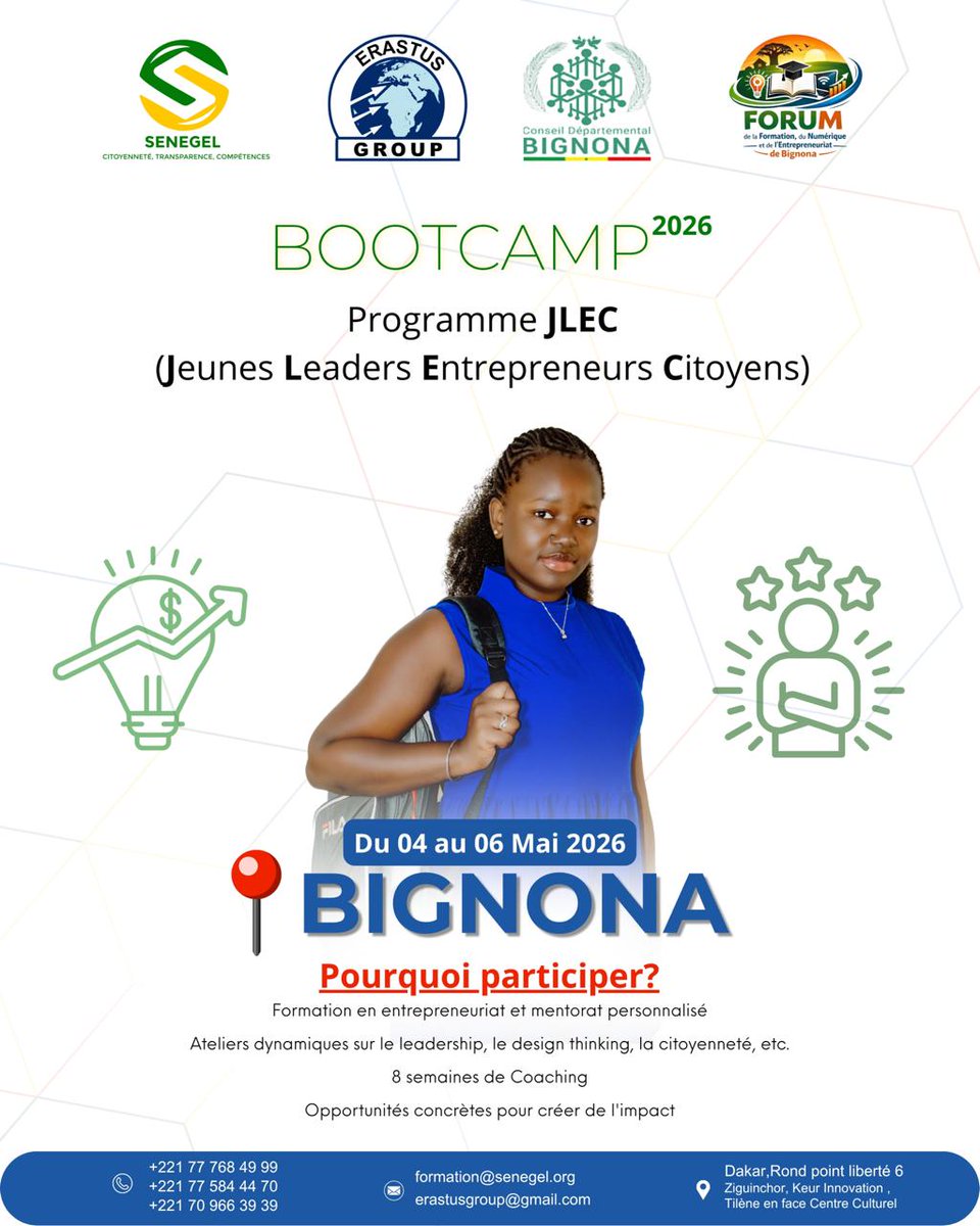 Senegeloff's tweet photo. BOOTCAMP JLEC 2026
Du 04 au 06 mai 2026 à Bignona
Rejoins une expérience unique pour Créer un impact réel dans ta communauté
Ne rate pas cette opportunité de transformer ton potentiel en action.
#JLEC2026 #Bignona #Entrepreneuriat #Leadership #Innovation #Citoyenneté https://t.co/3dZtRxWt2p