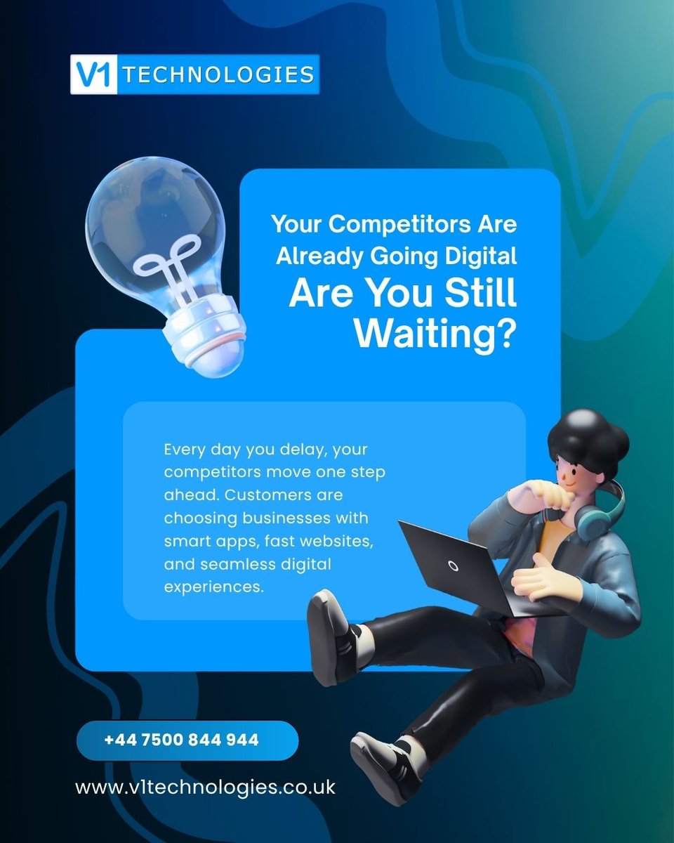 V1Technologies's tweet image. Every day you delay, your competitors move one step ahead. Customers are choosing businesses with smart apps, fast websites, and seamless digital experiences. 

#DigitalTransformation #AppDevelopment #WebDevelopment 

📞 Call: +44 7500 844 944
🌐 Visit: v1technologies.co.uk