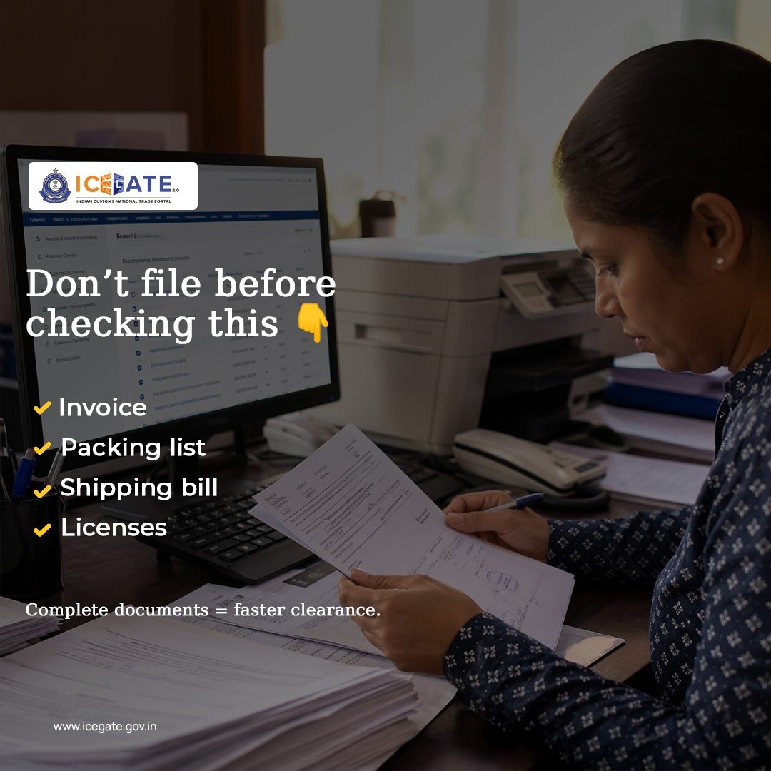 ICEGATE_CBIC's tweet image. Before filing, double-check these essentials 👇
✔ Invoice
✔ Packing List
✔ Shipping Bill
✔ Licenses
Missing documents = delays ⏳
Complete filings = faster clearance 🚀

#ICEGATE #Customs #TradeFacilitation #Exports #Imports