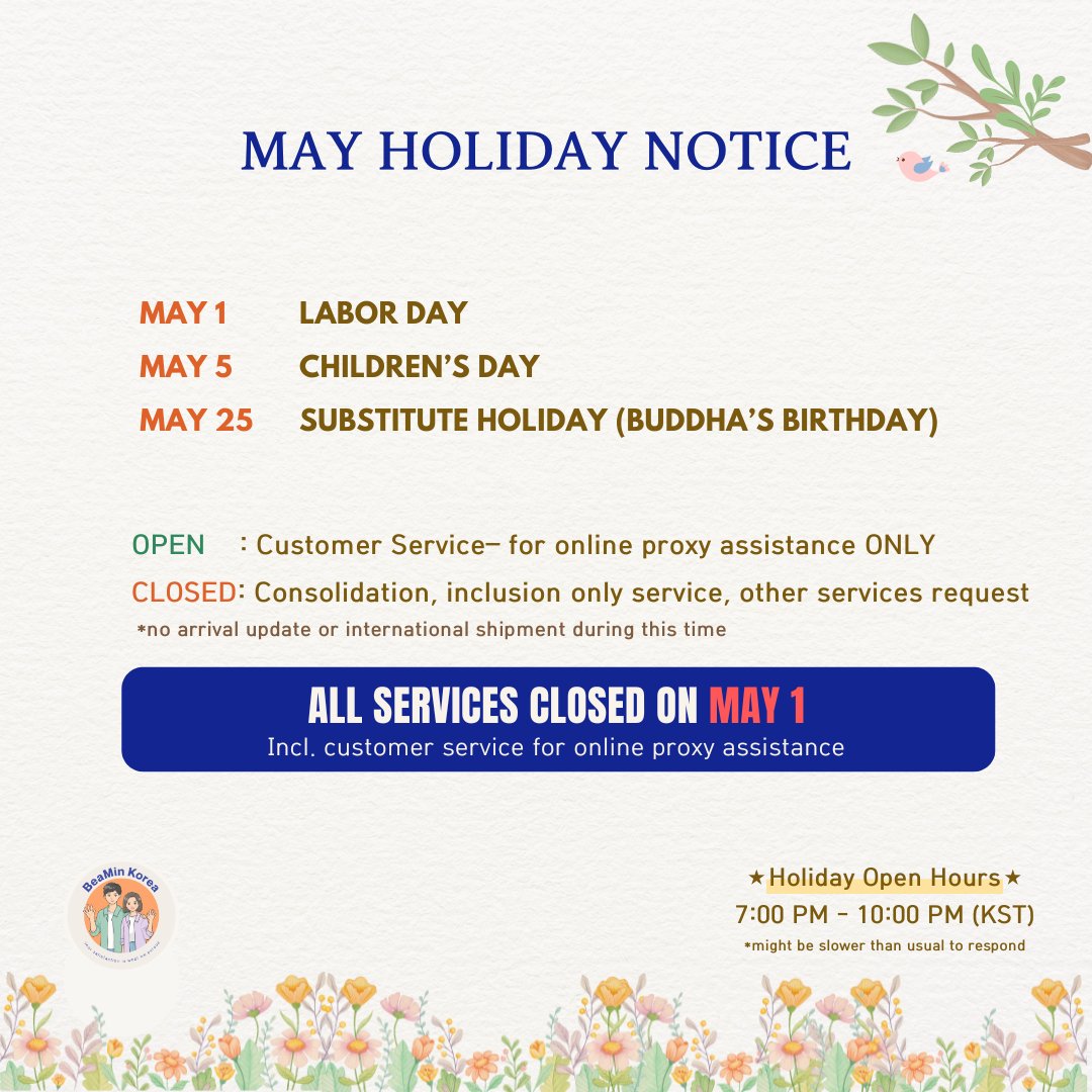 BeaMinKorea's tweet photo. ⊹ May 1, 5, 25, 2026 ⊹˚₊

Due to upcoming Korean holidays, there are temporary changes to our operating hours😊

ᰔᩚ Purchase by BeaMin (PB) ‣ 𝐎𝐏𝐄𝐍!
*response times may be slower than usual.
ᰔᩚ No arrival update & international shipment
ᰔᩚ All other services will be temporarily unavailable

All services (incl. customer services) will be closed on May 1, 2026.

Kindly refer to this for your future service requests during this time.

Thank you for your kind understanding and continued support!💙🧡
