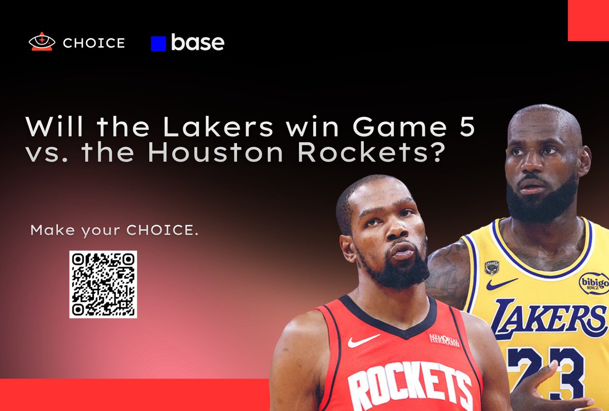 memewhales's tweet image. Will the Los Angeles Lakers win Game 5 of the 2026 NBA Western Conference First Round against the Houston Rockets?

This isn't just news. It's a market.

Make your CHOICE → Y / N
Profit if you're right👇
m.choice.markets/?referral_code…

#Choice #Prediction #NBA #Lakers #Rockets