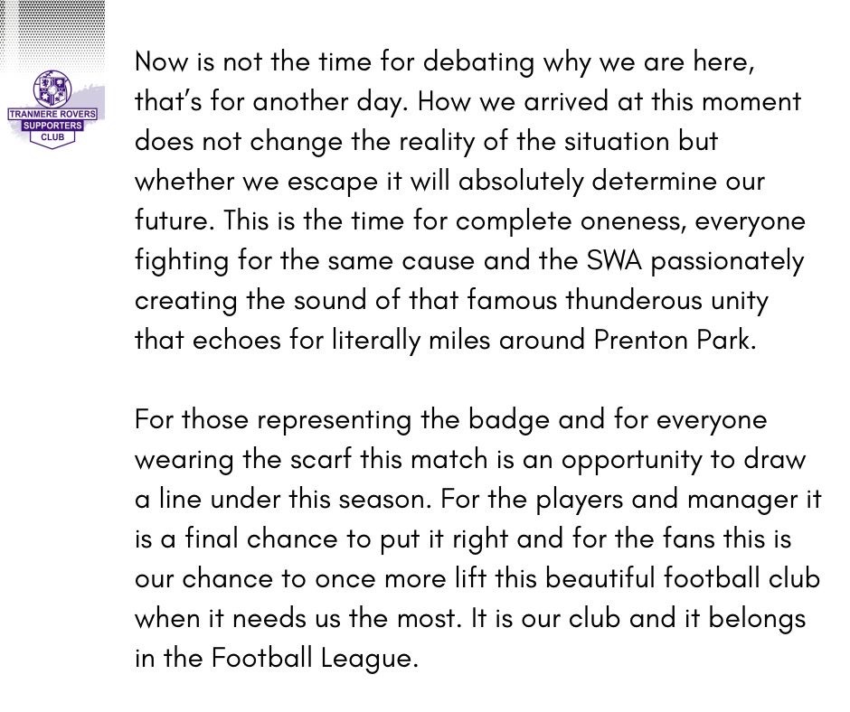TROSC_TRFC's tweet image. Saturday needs Togetherness and Passion in the stands for every single moment of the match. Let’s make Prenton Park as loud as it’s ever been and lift the club we love to safety. 

A message from the TROSC and the SLOs: