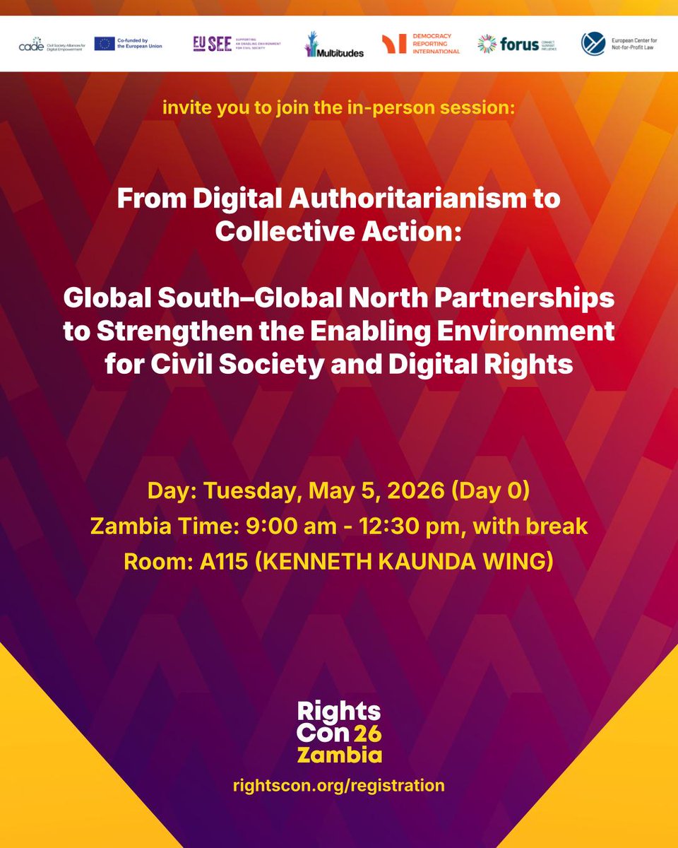 Forus_Int's tweet image. 🌍 Join us at #RightsCon 2026!

From digital authoritarianism to collective action, Global South &amp;amp; North voices on shrinking digital civic space.

May 5, 2026 | 09:00–12:30 (Zambia) | A115
Register: shorturl.at/36X12

#DigitalRights #CivilSociety #CADE #D4D #EUSEE