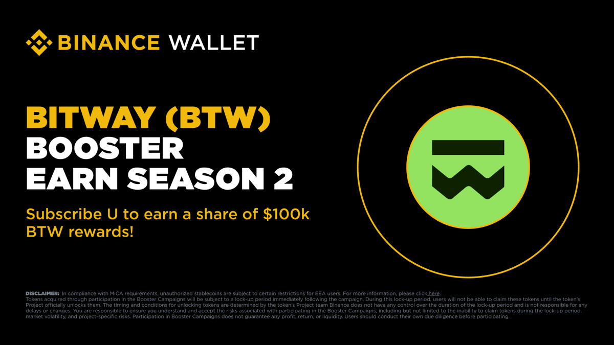 BinanceWallet's tweet image. Season 2 is loading… 👀
@BitwayOfficial BinanceWallet Booster Earn Season 2 is back from tomorrow!

From April 30, 2026 00:00 UTC, subscribe at least 100 U in the Bitway U Vault via #Binance Wallet Earn to enjoy $100k BTW in Season 2 rewards. 

Don't miss out 🔗