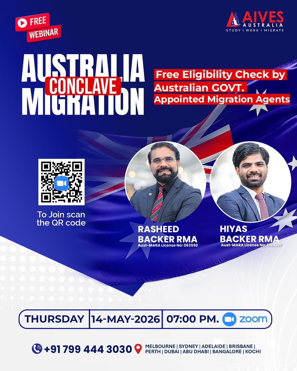 AivesAustralia's tweet image. Planning to build your future in Australia?

Australian government appointed migration agents are here to guide you. 
Don’t miss this opportunity. 
Limited Seats Only.

Date : 14/05/2026(Thursday)

⏰Time : 7.00 pm

☎️Contact us today:+91 7994443030

#australiamigration