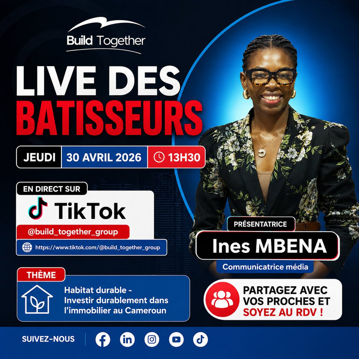 BuildTgther25's tweet image. 🎥 LIVE DES BÂTISSEURS – Rendez-vous ce jeudi !
Rejoignez-nous en direct sur TikTok pour un échange concret autour du thème :
Habitat durable : investir durablement dans l’immobilier au Cameroun
 Partagez avec vos proches et soyez au RDV !
#BuildTogether #LiveDesBatisseurs