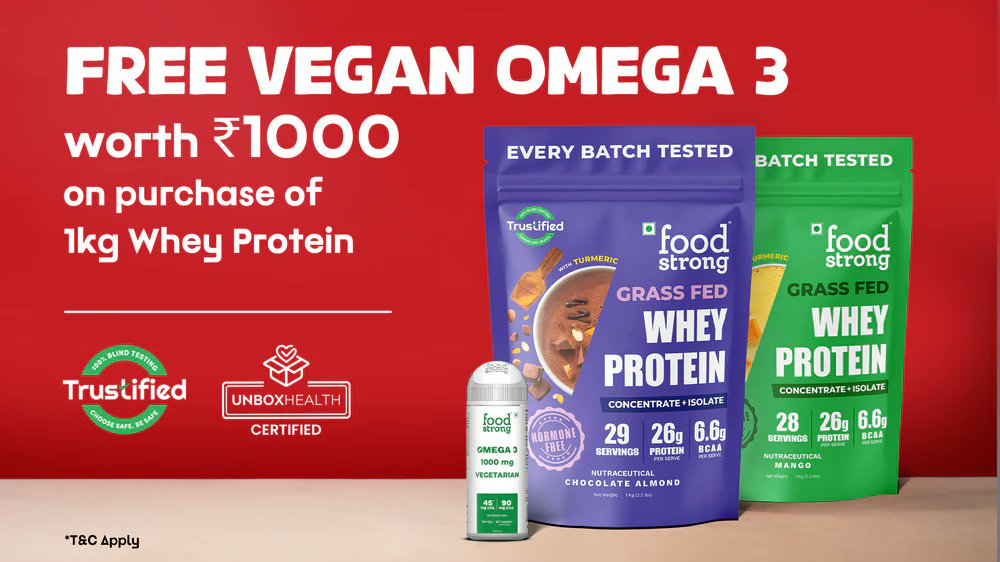 foodstrongco's tweet image. Transform your health with Food Strong's grass-fed whey #protein! For every 1Kg you buy, we’re giving away a Free Vegan Omega 3 Worth Rs 1000. This is your chance to boost your nutrition &amp;amp; support your body with essential fatty acids.

Don’t wait—shop now! foodstrong.co