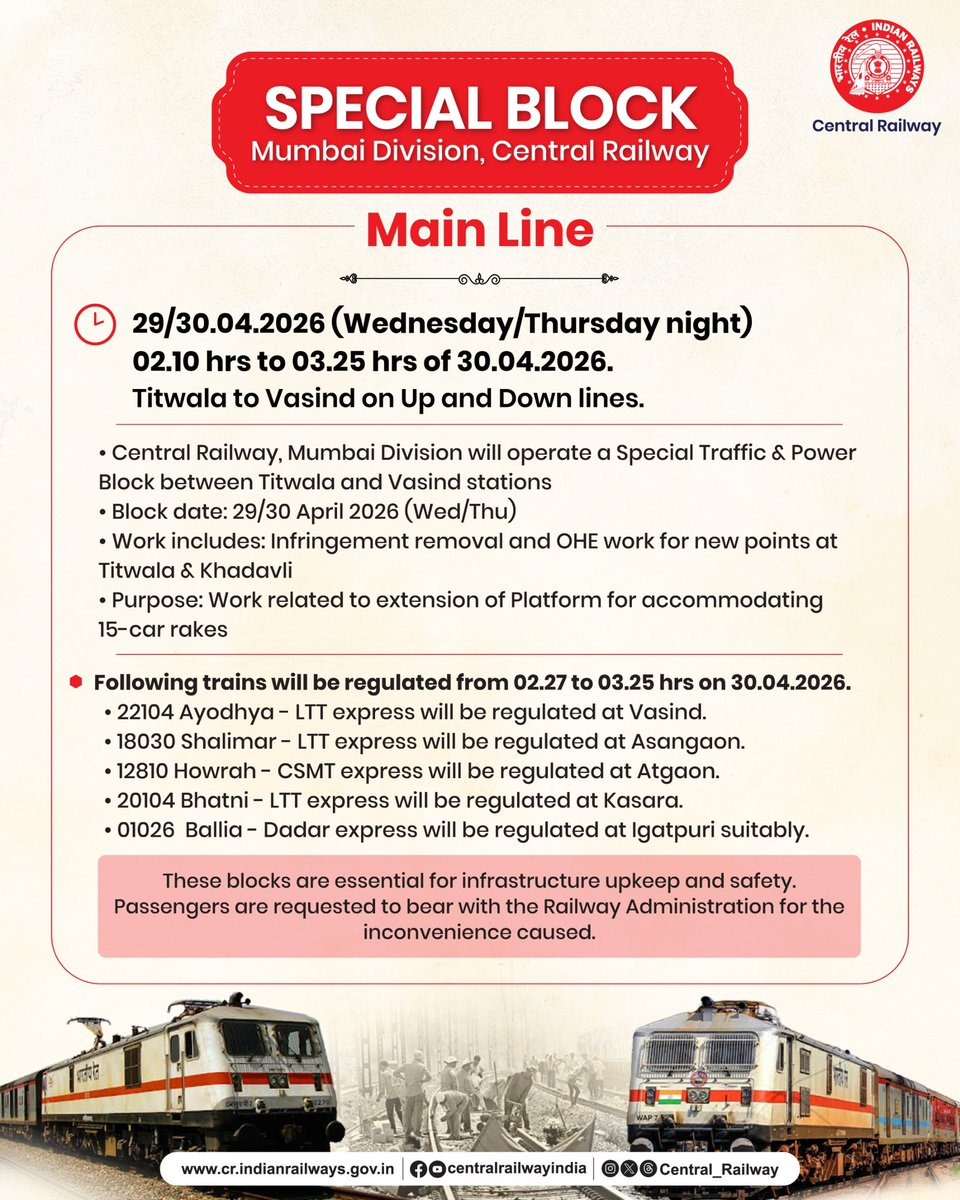 Central_Railway's tweet image. Special Block Alert 🚧

Between Titwala–Vasind | Night of 29th/30th April 2026
For infrastructure upgrades &amp;amp; capacity enhancement

Please plan your journey accordingly.

#CentralRailway #SpecialBlock #TravelAlert #MumbaiDivision #IndianRailways