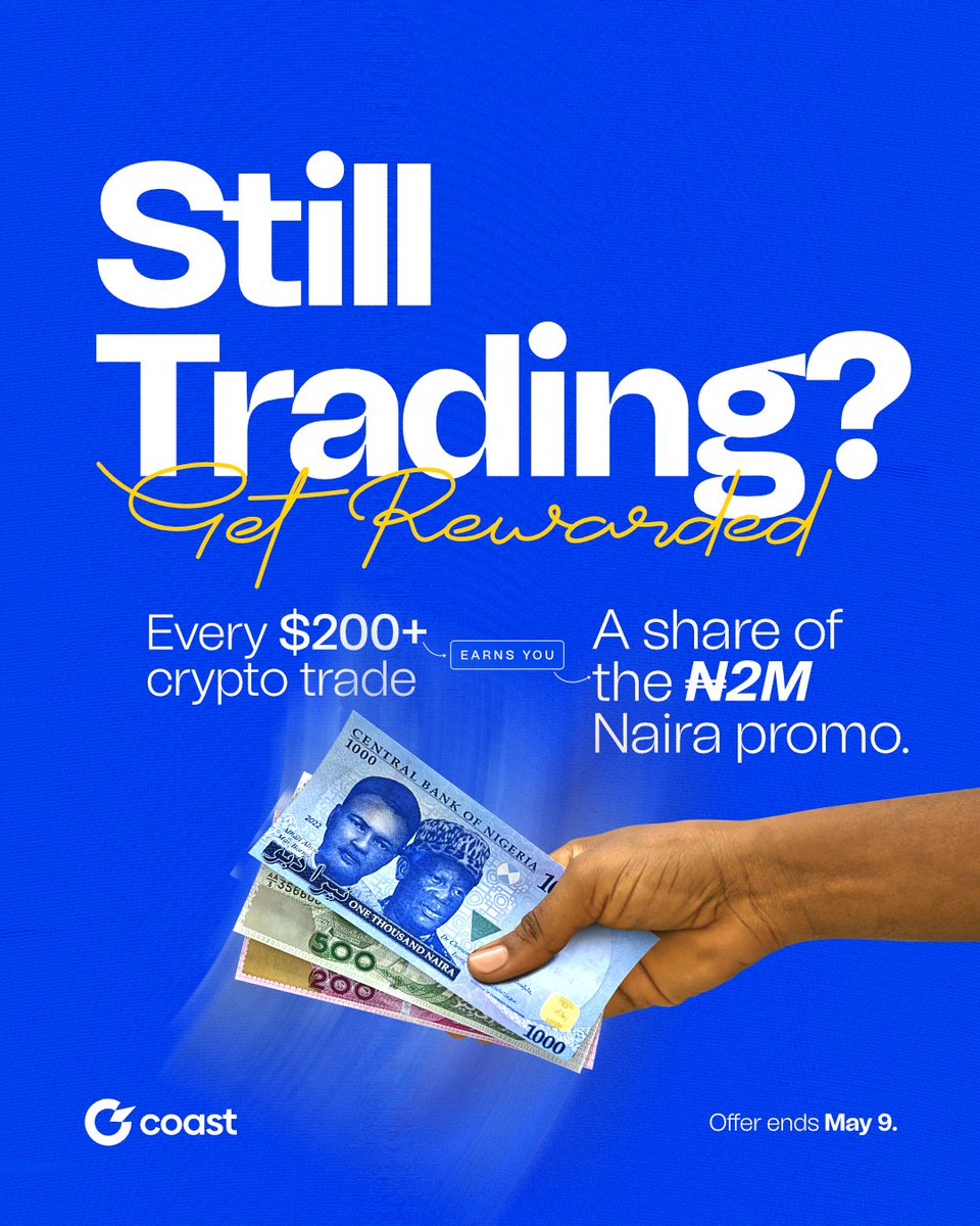 Itscoastng's tweet photo. Are you still trading or you're left behind without getting rewarded?
Trade crypto worth $200 or more and stand a chance to get a share of the 2 million naira giveaway.
Dont be left behind. Promo ends in 10 days!!!
Trade your crypto with Coast today!
#coastapp #usecoast #tradecrypto #coastpromo