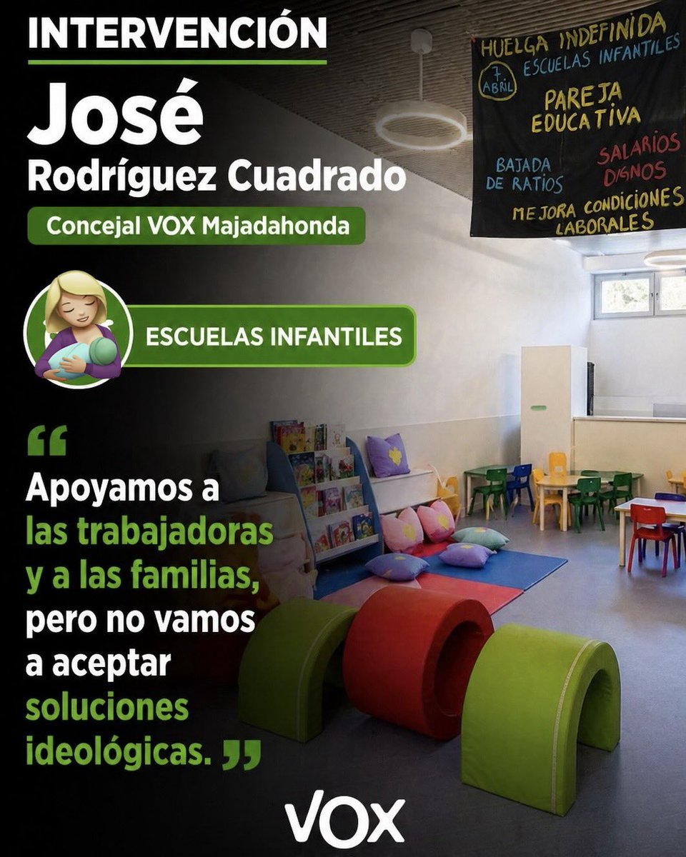 VOX_Majadahonda's tweet photo. 👶 HUEGA - ESCUELAS INFANTILES

✅ Apoyamos a trabajadoras y familias
❌ No a la manipulación política

💚 Mejorar sin destruir el modelo

👉 Conciliación y calidad https://t.co/tLVz5F72Ht
