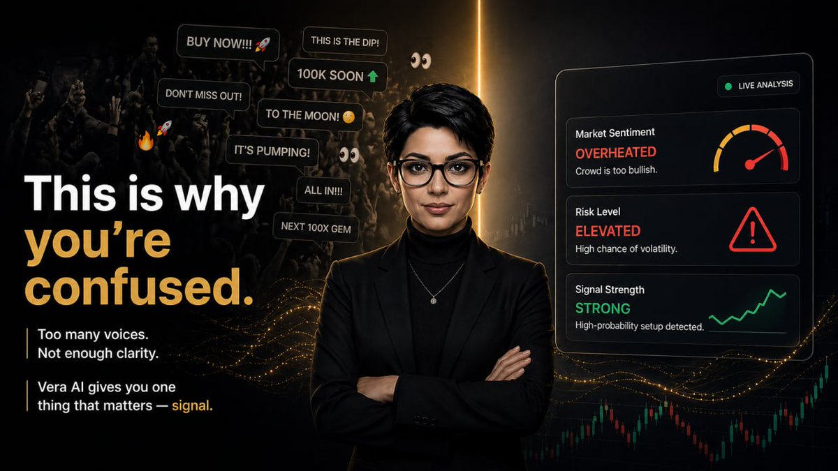 VeraAI_Insight's tweet photo. This is why you’re confused.

Too many voices.
Not enough clarity.

Vera AI cuts through the noise — and shows you the signal.

#VeraAI #AITrading #Crypto #MarketInsights https://t.co/ipuc728eyL