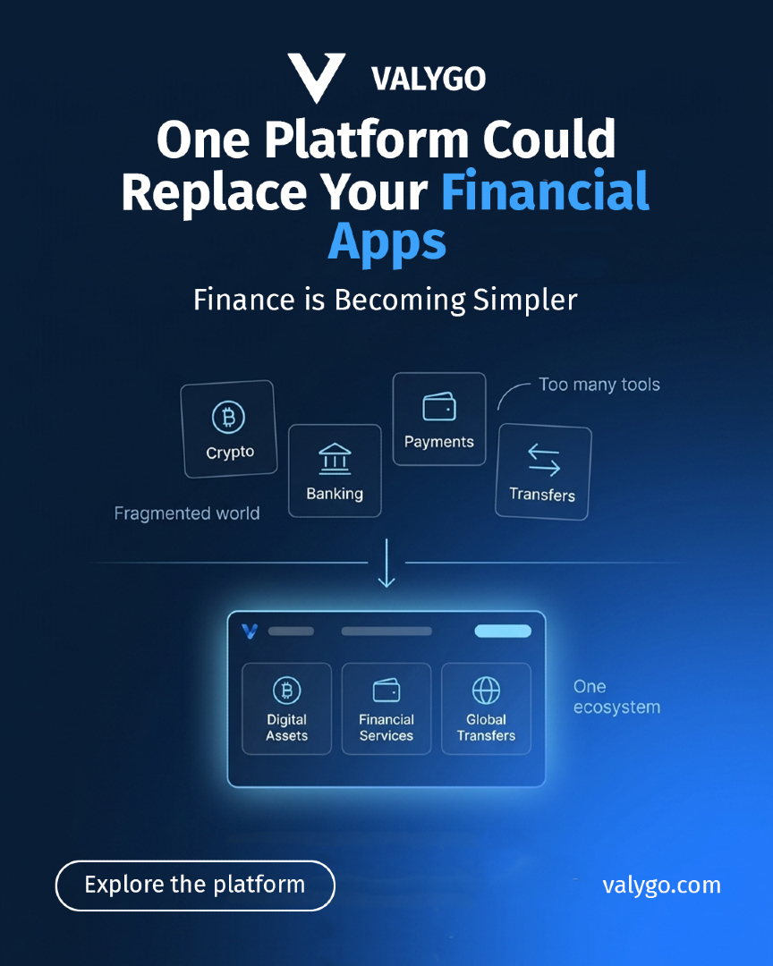 VALYGO_COM's tweet photo. Managing money today requires too many platforms.
One for crypto.
One for banking.
One for payments.
One for transfers.
But financial ecosystems are evolving.
Instead of separate tools,
new platforms aim to build unified environments.
Where users can:
• manage digital assets
• access financial services
• move funds globally
All inside one interface.
Finance is slowly becoming simpler.
And that’s a good thing.

Would a single financial ecosystem make things easier for you?
Explore the platform: https://t.co/93e3szqcHs

#valygo #unifiedfinance #cryptoplatform #digitalbanking #web3innovation #futurepayments #blockchainecosystem #fintechfuture #fyp #foryou #viralcrypto #fintech