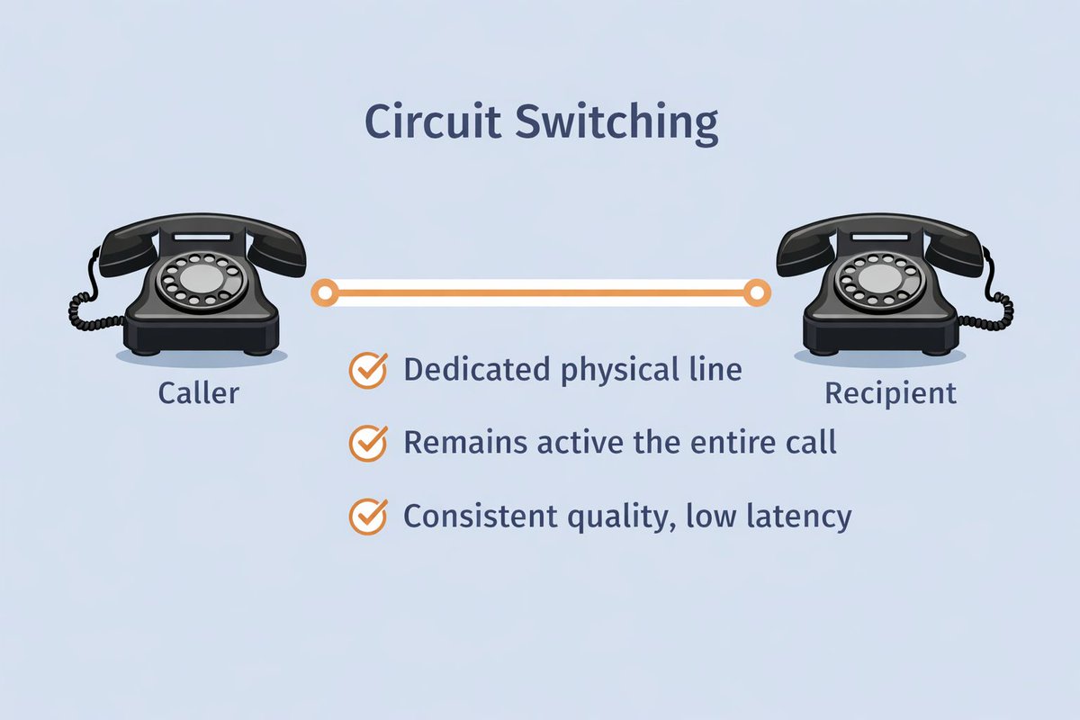 hubgets's tweet image. How did PSTN work? It used circuit switching:
☎️ A dedicated physical line was created for each call
🔒 It stayed active the entire time
🎯 Result: consistent quality + low latency
bit.ly/4s4sA3c 
#telecoms #PSTN #Communications #voip #Telephony