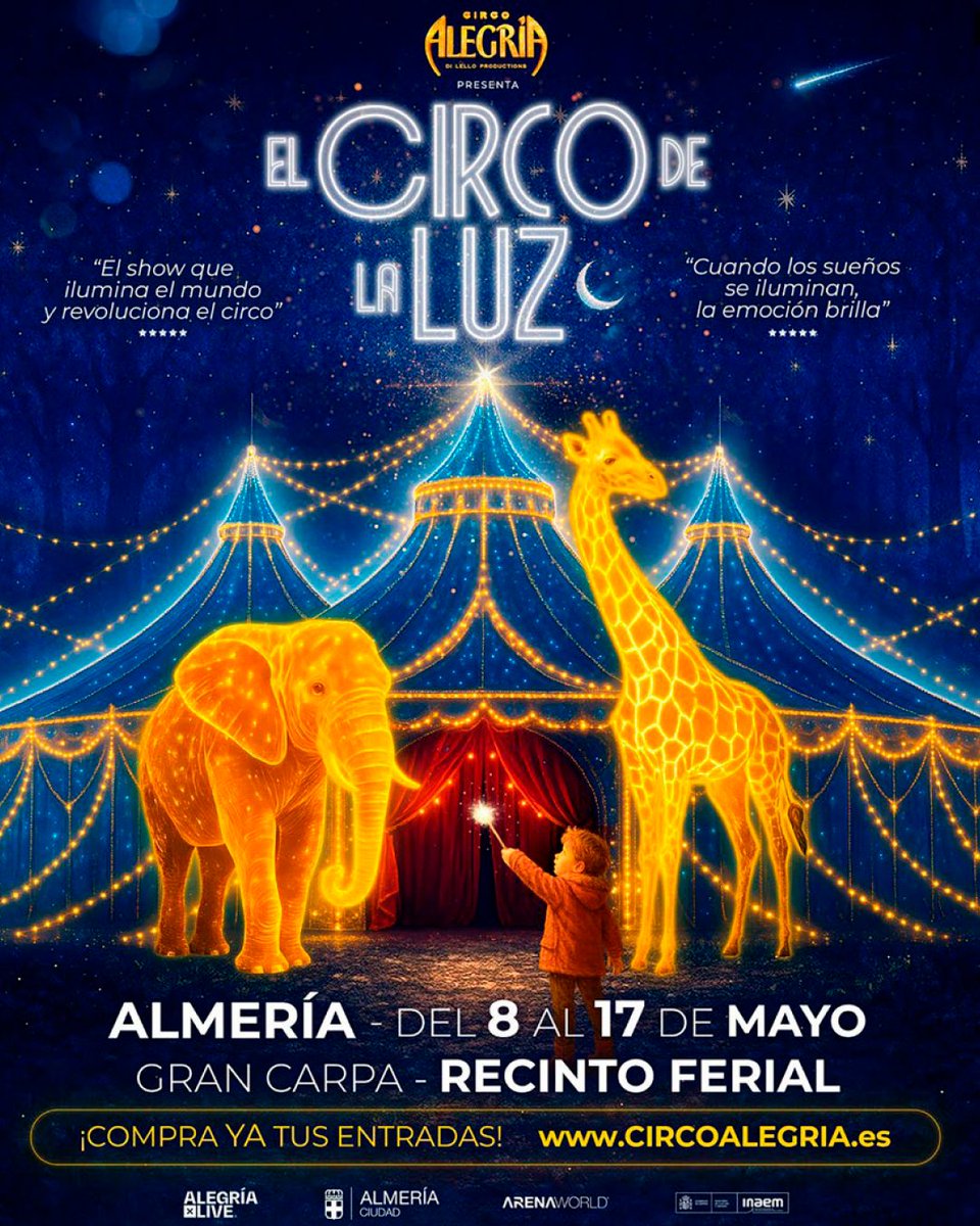 Culturalmeria's tweet photo. Del 8 al 17 de Mayo llega El Circo de la Luz a Almería y aterriza en el Recinto Ferial con un espectáculo único 🎪

Acróbatas internacionales, animales biomecánicos luminosos, efectos inmersivos y coreografías láser para vivir una experiencia inolvidable 💫

@windcruz @aytoalm https://t.co/cxdT7LeI3g