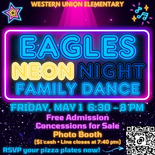 WesternUnionES's tweet photo. Join us Friday, May 1st-6:30 to 8 pm for our Spring Family Dance! Come and join us for the Eagle's Neon Night! There will be dancing, a photo booth, and concessions! 
Please remember that this is not a drop off event and students must be accompanied by an adult at all times! https://t.co/OqEtwUbDOw