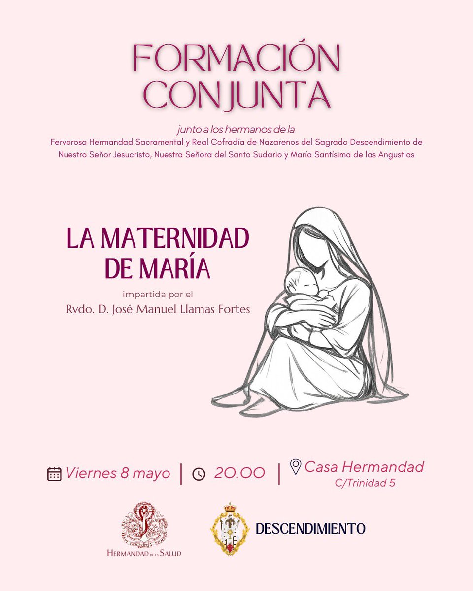 | FORMACIÓN |

En nuestro tradicional encuentro con otras hermandades, compartimos formación y convivencia junto a <a href="/HDescendimiento/">Sagrado Descendimiento</a>

El 8 de mayo a las 20h, en nuestra Casa Hermandad, el Rvdo. D. José Manuel Llamas Fortes nos hablará sobre “La maternidad de María”.

#CofradíasMLG