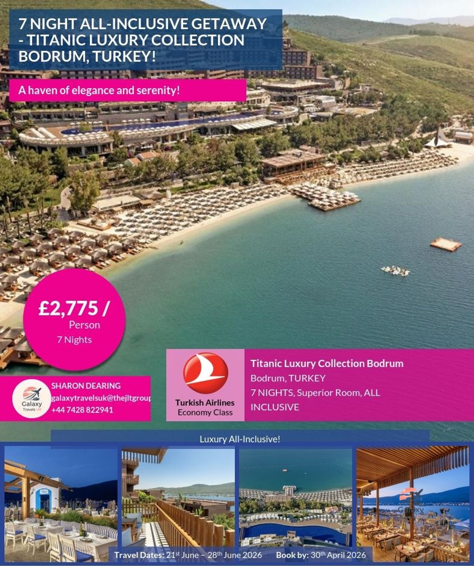DearingSharon's tweet image. Summer 2026
Titanic Luxury Bodrum, Turkey
London
21 Jun 2026 • 7 nights
Board Basis: All Inclusive
Includes: Bags, Transfers &amp;amp; Flights
£2,775 pp
ATOL Protected &amp;amp; human expertise.
Armed Forces discount!
Book by tomorrow! DM us.
#Turkey #Bodrum #Summer2026