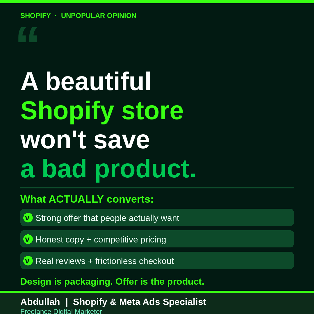 Abdulla85706082's tweet image. Unpopular Shopify opinion:
Your store design is probably not why you're not converting.
A weak offer, no reviews, and a slow checkout  THAT'S why.
#Shopify #Ecommerce #CRO #ConversionRate #ShopifyTips #EcommerceMarketing
