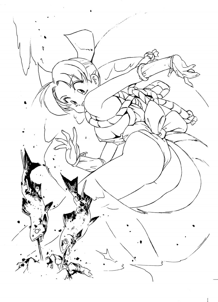 #タイムラインにSNKの作品を流そう

昔描いた龍炎舞で魚を焼く不知火舞の線画☺️