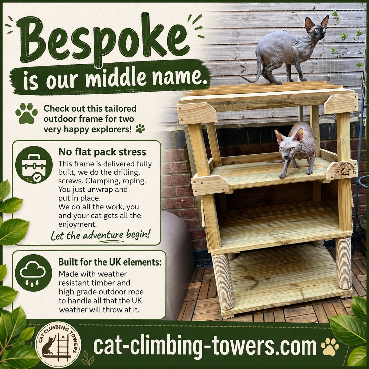 tclynx's tweet image. Problem: Loved the High Rise Sally’s, but it was too tall for the garden. 🏔️

Solution: A bespoke, custom-height build! 🛠️

The result? One perfectly fitted frame and two very happy cats. 🐈🐈 Check out their first climb!

#CustomMade #CatEnclosure #Bespoke #PetCare