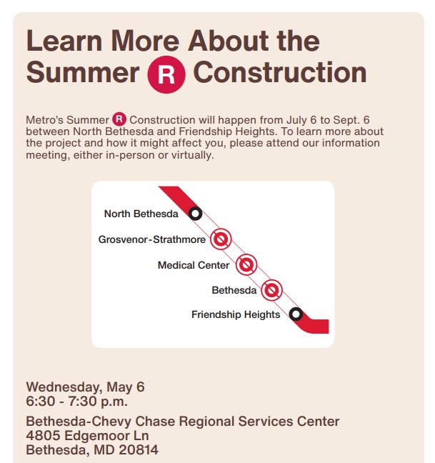 MCDOTNow's tweet image. ‼️REMINDER‼️
To learn more about this major construction project, join @WMATA for an information session on May 6 at 6:30pm. at the @BCCCenter in #Bethesda or online via livestream.▶️ ow.ly/AeMt50YQKIk @MontgomeryCoMD @nsabethesda @NIH #mdcommuters @Andrew_Friedson