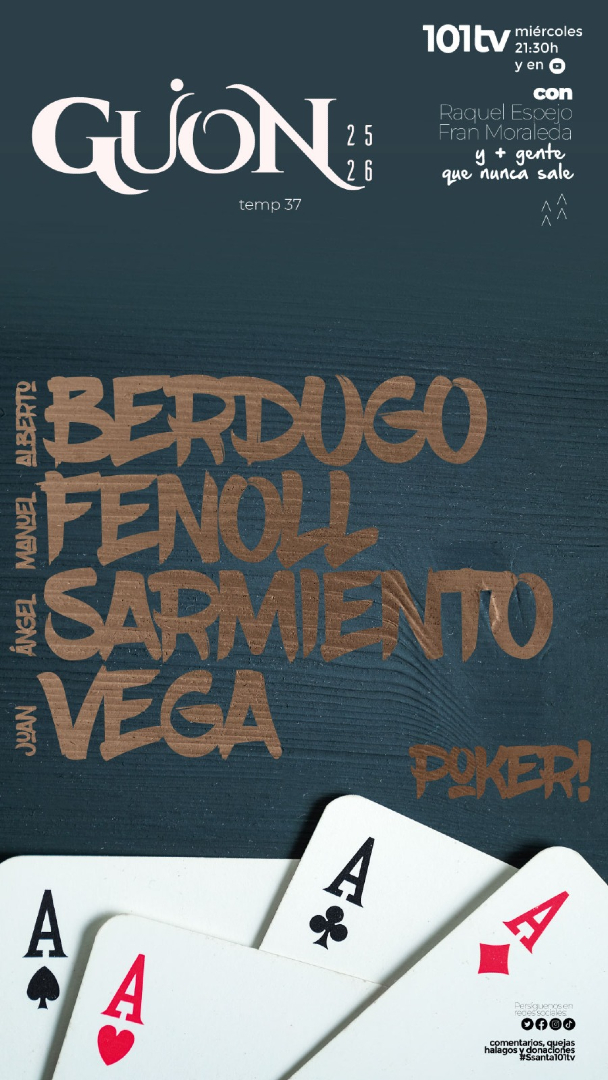 Hoy en Guion rompemos la baraja con artistas y artesanos: Berdugo, Fenoll, Sarmiento y Vega. 
A las 21:30h en la tele de la Semana Santa Interestelar: <a href="/101tvMalaga/">101TV Málaga</a> 
Y si prefieres ver furbo o tienes curso de macramé con casco siempre nos puedes ver en youtube o en la app 101Play