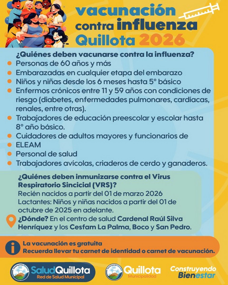 saludquillota's tweet image. 🍂Un nuevo día para seguir cuidándonos

✅Este miércoles 29 de abril, la protección de tu salud y la de tu familia sigue siendo lo más importante 

📍 Revisa los puntos de vacunación contra la influenza en #Quillota junto a SaludQuillota de @muniquillota 

#ConstruyendoBienestar
