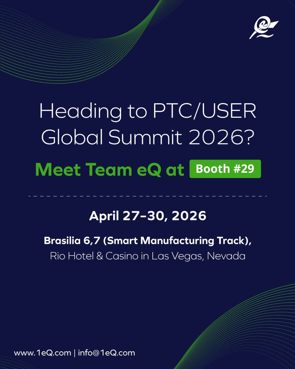 1eQTechnologic's tweet photo. Headed to PTC/USER Global Summit 2026?
Stop by Booth #29 to meet Team eQ and learn how organizations are deriving value out of:
✅ Integrating ALM, PLM, MES, ERP, and sustainment applications

Our eQube®-DaaS Platform supports:
• Closed Loop Manufacturing (CLM) initiatives
• Digital Thread implementations across PLM, MES, and ERP
• Bidirectional data flow without manual handoffs
• A strong foundation for AI assisted insights, built on trusted, contextual data

📍 Visit us at Booth #29🎤
And join our panel: “Closed Loop Manufacturing: Integrating systems to get more out of PLM, MES, and ERP"

Schedule a meeting: https://t.co/AUZLuzl5cZ

#1eqe #eQTechnologici #eQubeDaaSa #ptcuser20262 #digitalthreada #closedloopmanufacturingn #PLML #MESE #ERPR #ManufacturingITIT