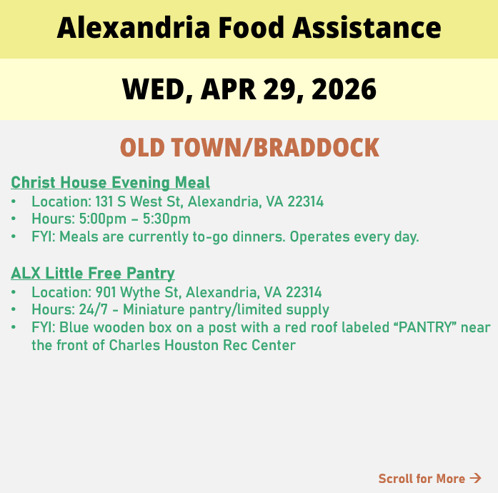 hungerfreealx's tweet image. (Post 1 of 2) On Wednesday, April 29, here are open locations in Alexandria, VA for food assistance, organized by neighborhood. Everybody deserves to eat. #help #finding #food #alexandriava