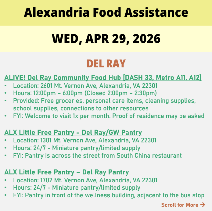 hungerfreealx's tweet image. (Post 1 of 2) On Wednesday, April 29, here are open locations in Alexandria, VA for food assistance, organized by neighborhood. Everybody deserves to eat. #help #finding #food #alexandriava