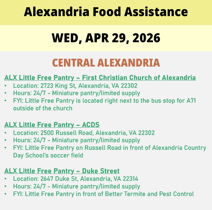 hungerfreealx's tweet image. (Post 1 of 2) On Wednesday, April 29, here are open locations in Alexandria, VA for food assistance, organized by neighborhood. Everybody deserves to eat. #help #finding #food #alexandriava