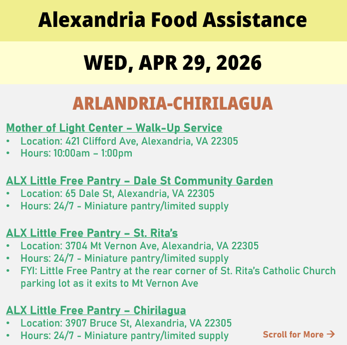 hungerfreealx's tweet image. (Post 2 of 2) On Wednesday, April 29, here are open locations in Alexandria, VA for food assistance, organized by neighborhood. Everybody deserves to eat. #help #finding #food #alexandriava