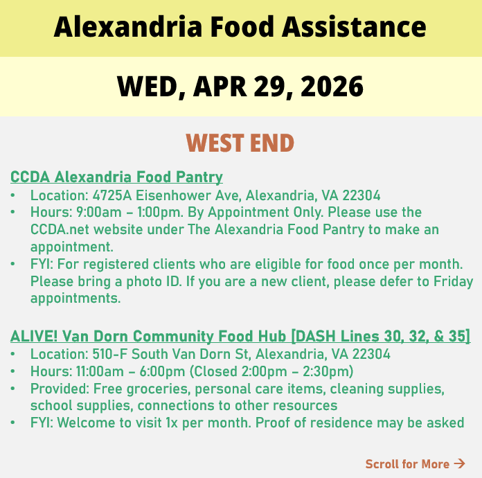 hungerfreealx's tweet image. (Post 2 of 2) On Wednesday, April 29, here are open locations in Alexandria, VA for food assistance, organized by neighborhood. Everybody deserves to eat. #help #finding #food #alexandriava
