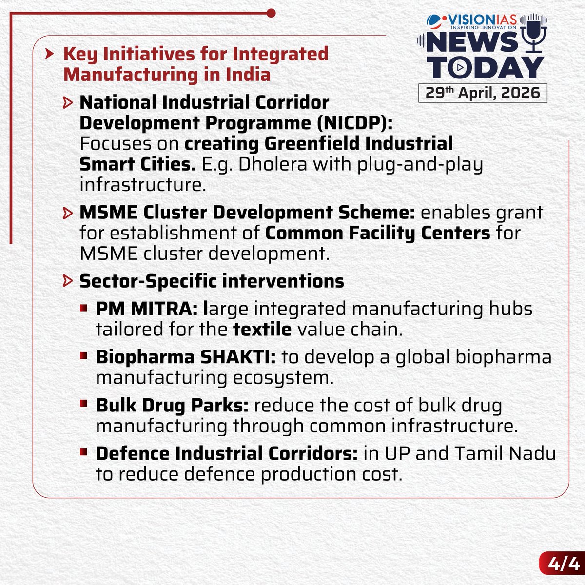 Vision_IAS's tweet image. News Today | 29th April, 2026

Integrated Manufacturing Hubs

#visionias #newstoday #dailycurrentaffairs #currentaffairs

Read Complete News At: visionias.in/current-affair…

Watch the News Bulletin at: youtube.com/playlist?list=…
