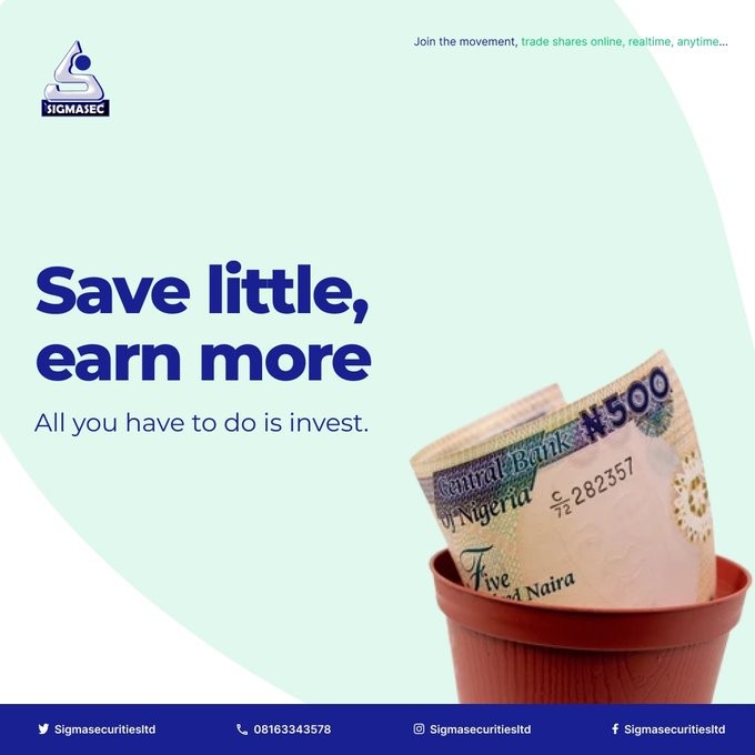 sigmasecurities's tweet photo. Save little. Earn more 💲

Start investing today!!!

Small steps lead to big results.

#InvestSmart #SigmaSecurities https://t.co/G88SqcJjqo