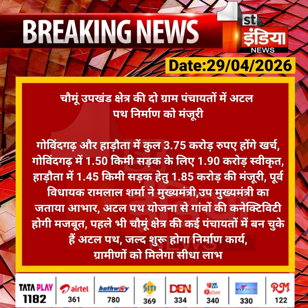 1stIndiaNews's tweet image. #Jaipur #चौमूं उपखंड क्षेत्र की दो ग्राम पंचायतों में अटल पथ निर्माण को मंजूरी

गोविंदगढ़ और हाड़ौता में कुल 3.75 करोड़ रुपए होंगे खर्च, गोविंदगढ़ में 1.50 किमी सड़क के लिए 1.90 करोड़ स्वीकृत.... 

#RajasthanWithFirstIndia #JaipurNews