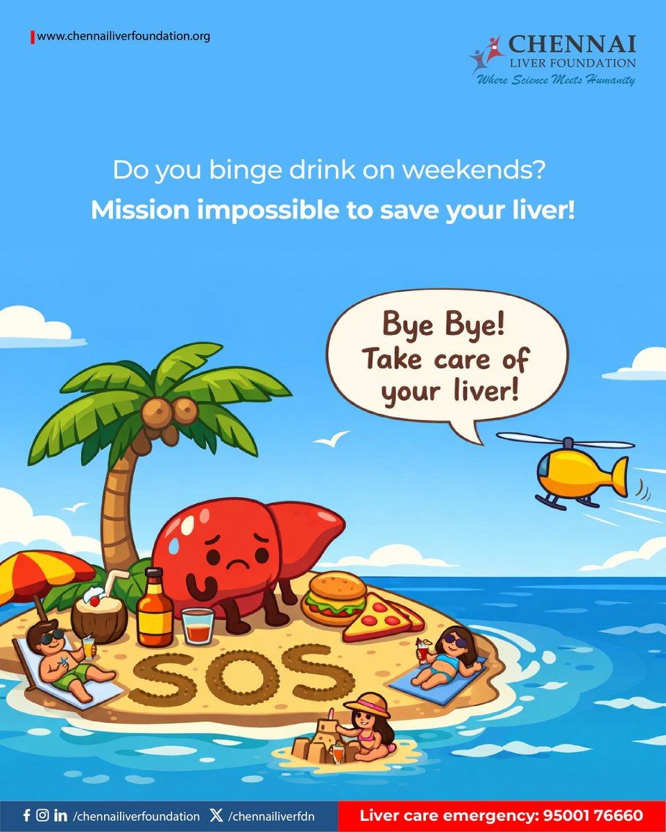 chennailiverfdn's tweet image. Weekends arrive, drinks flow like water, and your liver sighs quietly. As you enjoy the party, your liver tries to clean up the mess.

Binge drinking might seem like fun, but it's a challenge for your liver. So, take care.

#CLF #DrinkResponsibly #LiverHealth #HealthyChoices