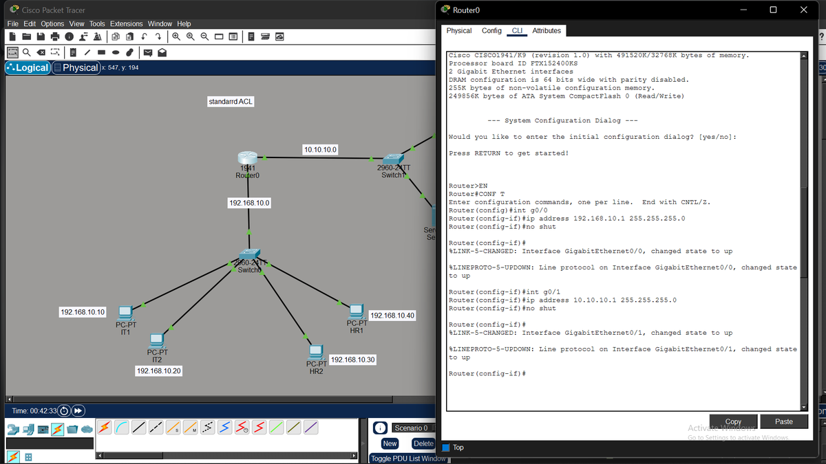 jeo_crypts's tweet image. Another day, another lab simulation.

today was all about ACLs (Access Control Lists) -Standard ACL.

configured a rule to block the HR network from communicating with the DHCP server and after testing with ping, everything worked exactly as configured ✅

#ccna #networking