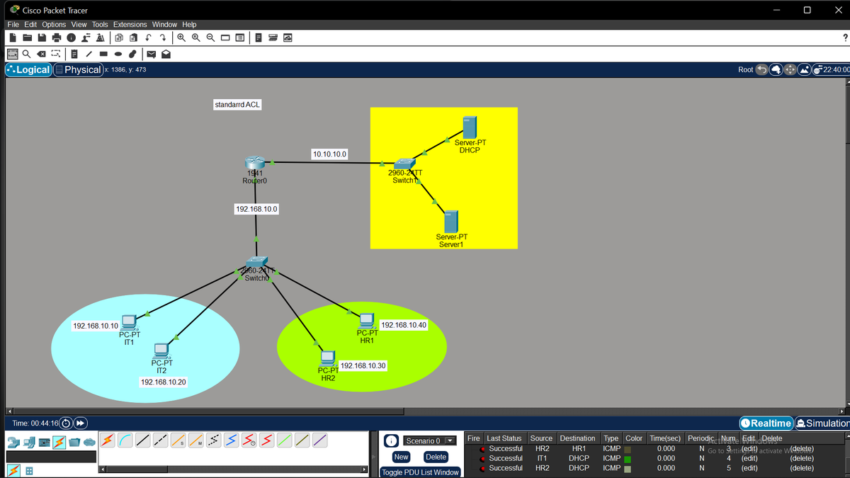jeo_crypts's tweet image. Another day, another lab simulation.

today was all about ACLs (Access Control Lists) -Standard ACL.

configured a rule to block the HR network from communicating with the DHCP server and after testing with ping, everything worked exactly as configured ✅

#ccna #networking
