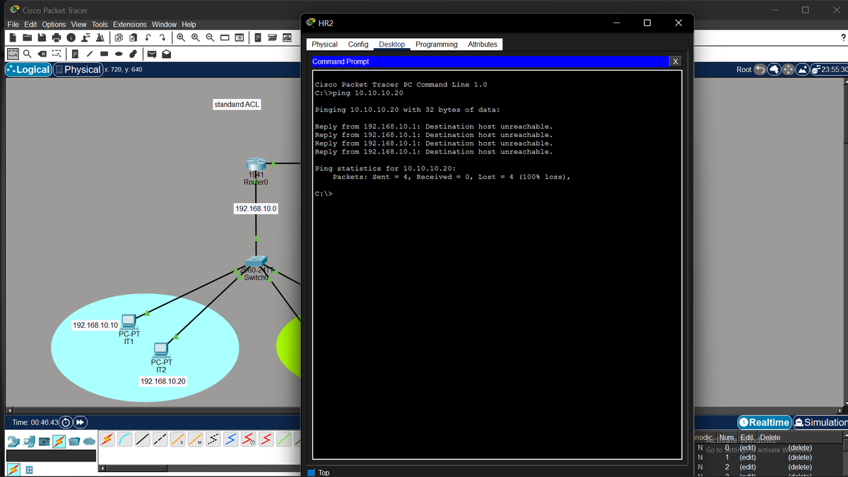 jeo_crypts's tweet image. Another day, another lab simulation.

today was all about ACLs (Access Control Lists) -Standard ACL.

configured a rule to block the HR network from communicating with the DHCP server and after testing with ping, everything worked exactly as configured ✅

#ccna #networking