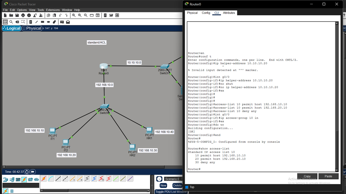 jeo_crypts's tweet image. Another day, another lab simulation.

today was all about ACLs (Access Control Lists) -Standard ACL.

configured a rule to block the HR network from communicating with the DHCP server and after testing with ping, everything worked exactly as configured ✅

#ccna #networking