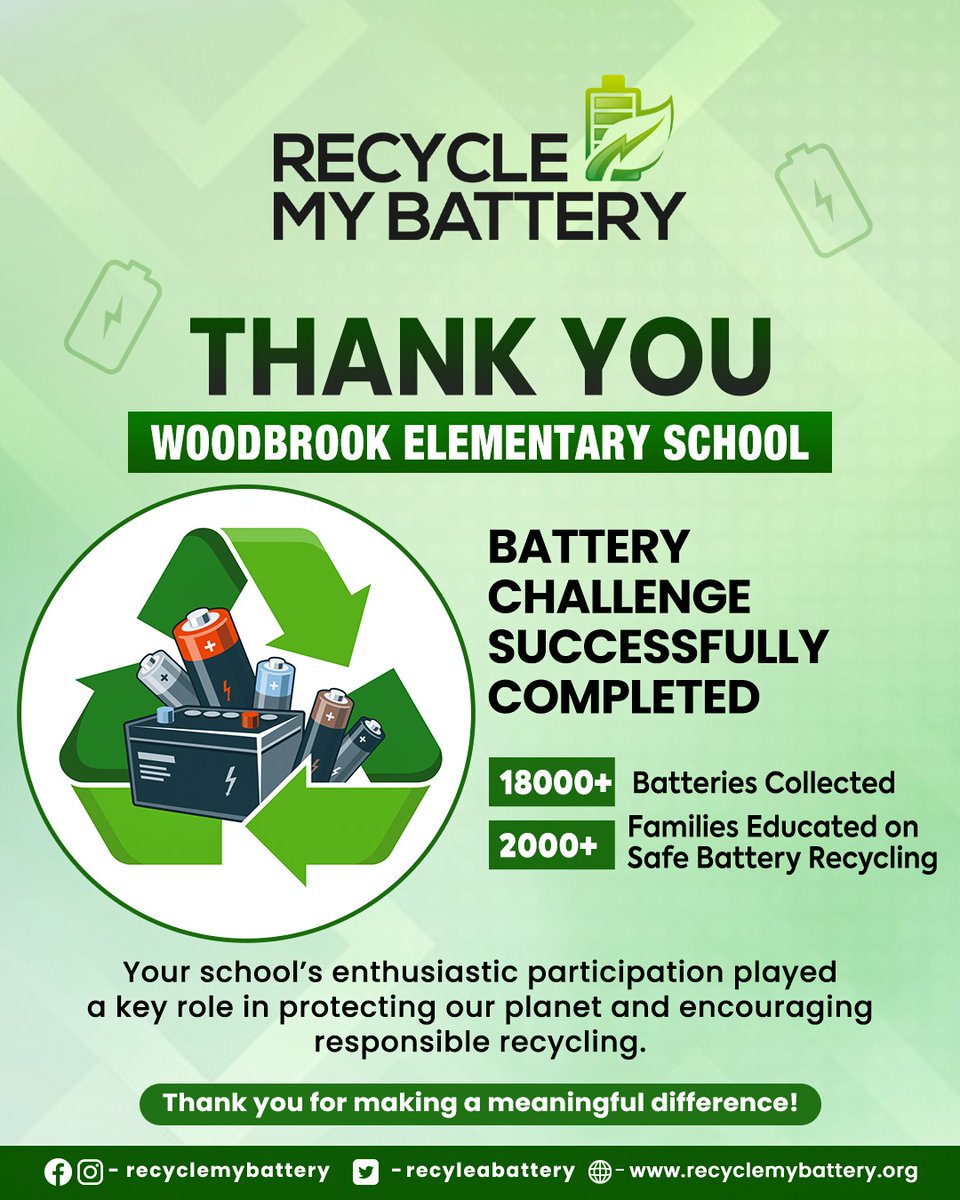 recycleabattery's tweet image. A big thank you to Woodbrook Elementary School for your incredible participation!

With 18,000+ batteries collected and 2,000+ families educated, your efforts are making a real difference in protecting our planet

#RecycleMyBattery #BatteryRecycling #Sustainability