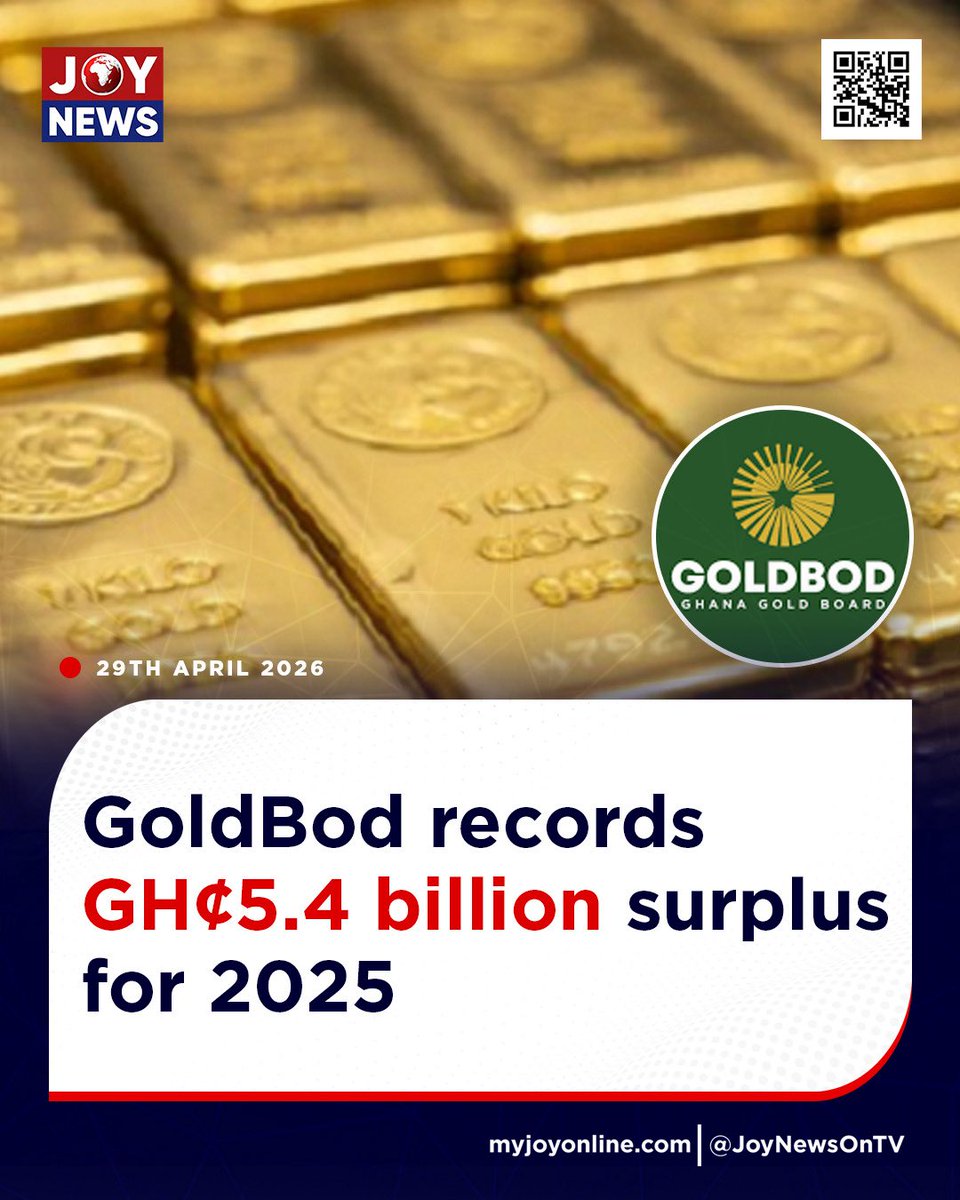 Joy997FM's tweet image. GoldBod records GH¢5.4 billion surplus for 2025

Details here: myjoyonline.com/goldbod-record…

#JoyNews #Viral #Explorepage #Ghana #JoyFM #GhanaNews #Ghana #NewsUpdate #Africa #GhPoliticsp #News #AfricaNews #CurrentAffairs #Vlog