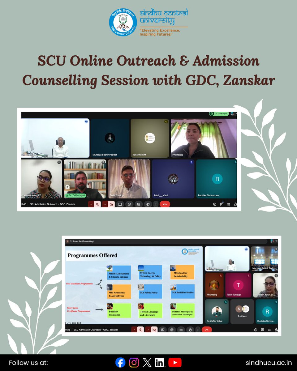 SindhuCUniv's tweet image. Bringing opportunities closer to students, wherever they are. 💻💫

Sindhu Central University conducted a Virtual Outreach &amp;amp; Admission Counselling Session with Government Degree College (GDC), Zanskar. 🎓

#Admissions #Outreach #Ladakh
