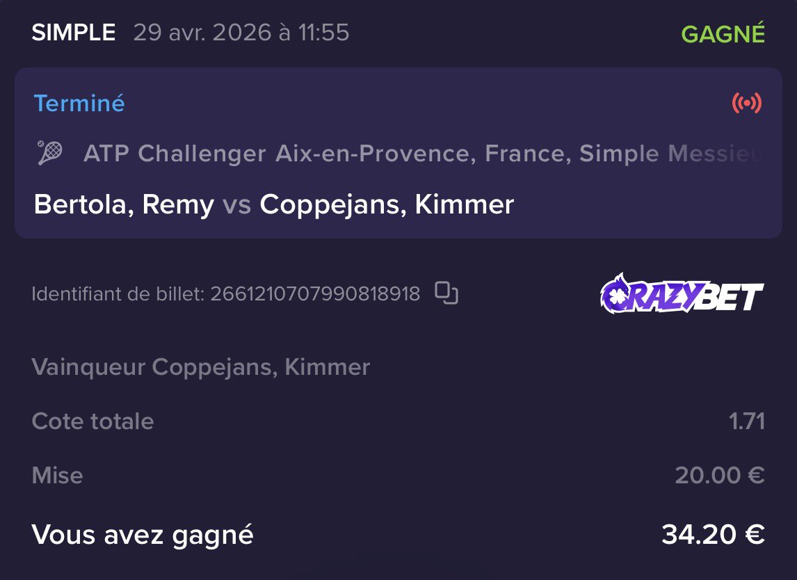 RSBetting_'s tweet photo. Aix en Provence Challenger 🇫🇷 

🇧🇪Kimmer Coppejans @ 1.71 (1u)✅

+0.71u💰

On encaisse sur place avec une belle victoire de Kimmer ✅

(Branchez vous CrazyBet) 🔥

LIKE IF CASHED! ❤️
#TeamParieurs https://t.co/1ZFaJ6Ahj7