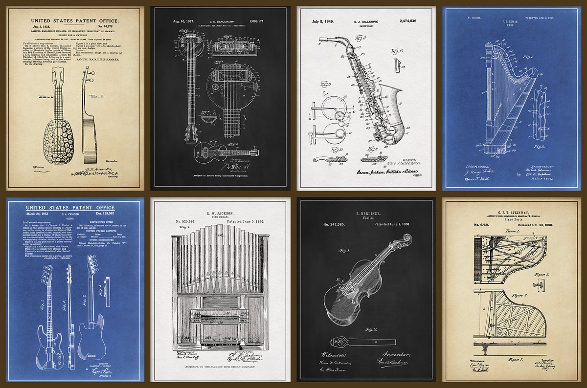 dalekincaid's tweet photo. “Over 140 musical instrument patents turned into artwork—this collection explores how music was invented. 🎶 #MusicHistory #PatentArt https://t.co/sWAjE9Fl7b https://t.co/3oRpnrn2hJ