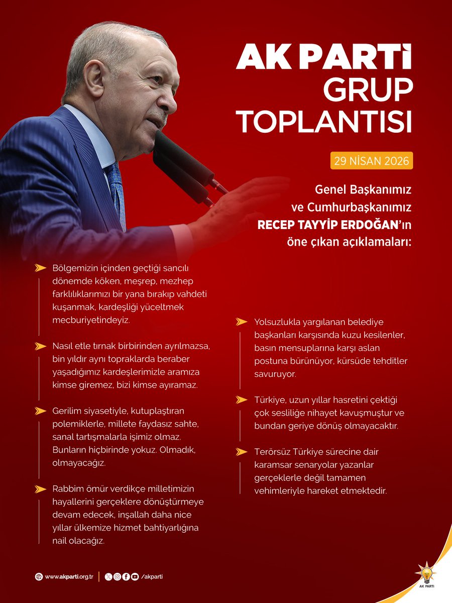 Genel Başkanımız ve Cumhurbaşkanımız Sayın Recep Tayyip Erdoğan’ın TBMM Grup Toplantımızda öne çıkan açıklamaları.