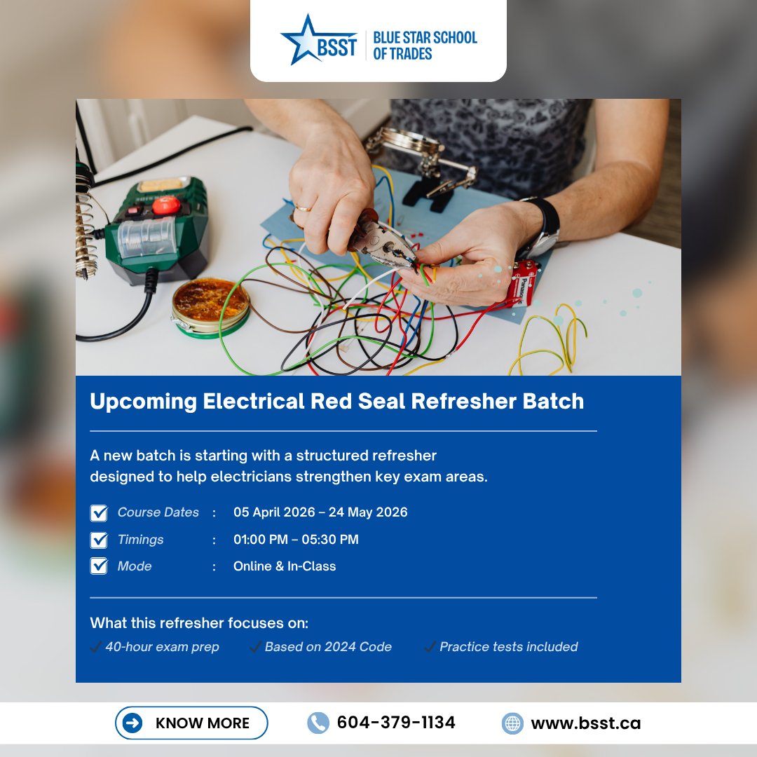 bluestar_trades's tweet image. Electrical Red Seal Refresher Batch starting soon!
Exam prep • 2024 Code • Practice tests. bsst.ca

#RedSeal #Electrician #SkilledTrades