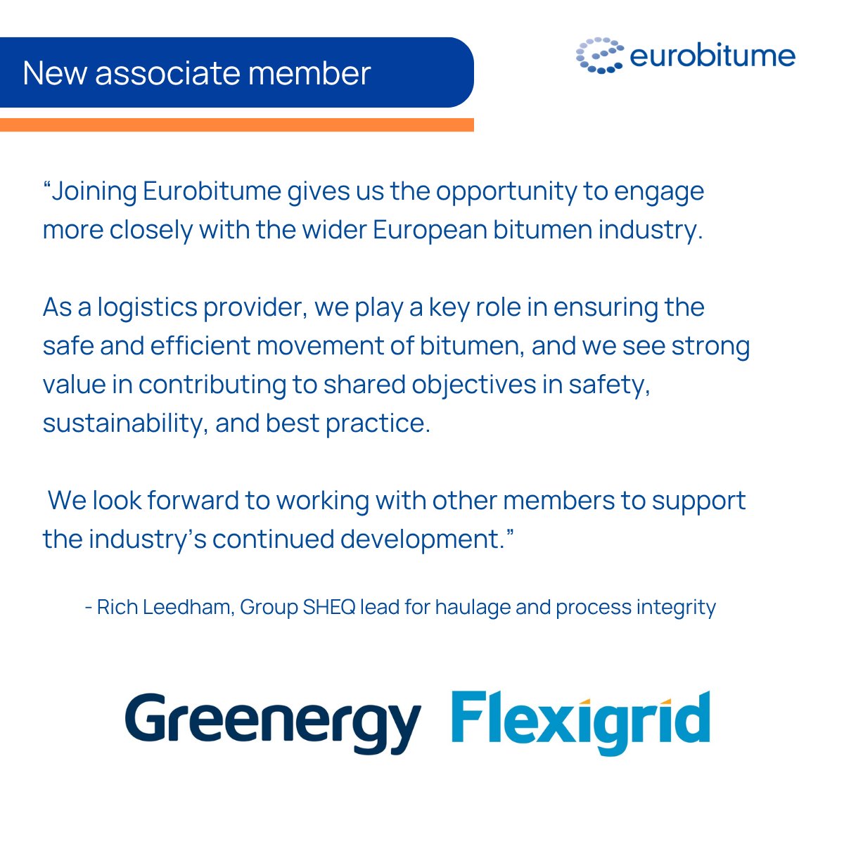 eurobitume's tweet photo. Spring is bringing fresh momentum to Eurobitume 🌱

We’re pleased to welcome Greenergy Flexigrid as a new Affiliate member; adding valuable logistics expertise to the bitumen supply chain.

👉 Read more: https://t.co/uxYExTdvew #Bitumen #Logistics #NewMember https://t.co/D073T7JbiT